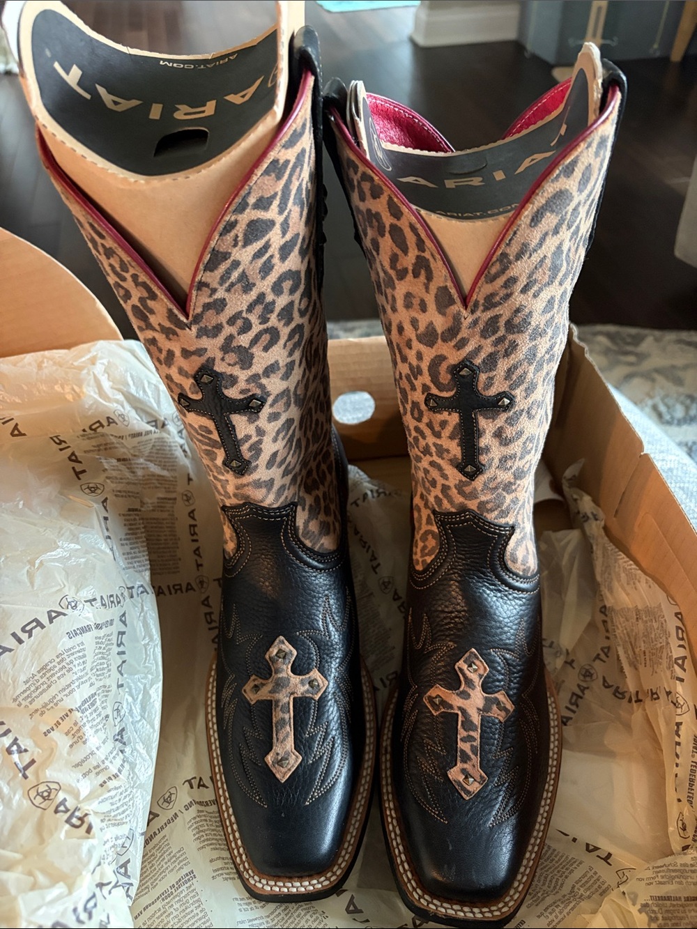 Ariat Leopard Print Western Cowgirl Boots - Black & Brown and red. New in box - Picture 3 of 11